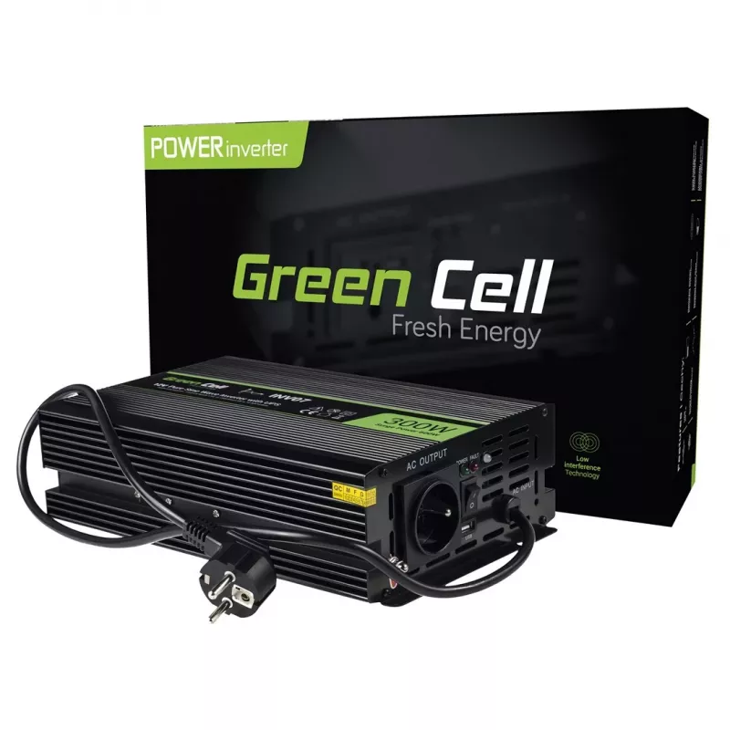 Conversor de tensão Green Cell INV07, DC 12 V para AC 230 V, 300 W, 50 Hz, ficha Type-C, preto