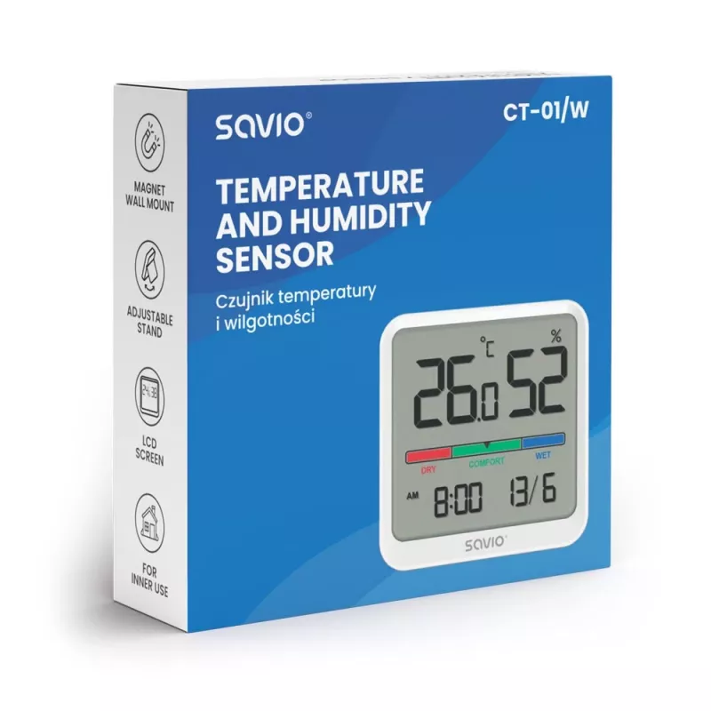 Sensor de temperatura e humidade interior SAVIO CT-01/W, ecrã LCD, -10–55 °C, 10–99 % HR, pilha CR2032