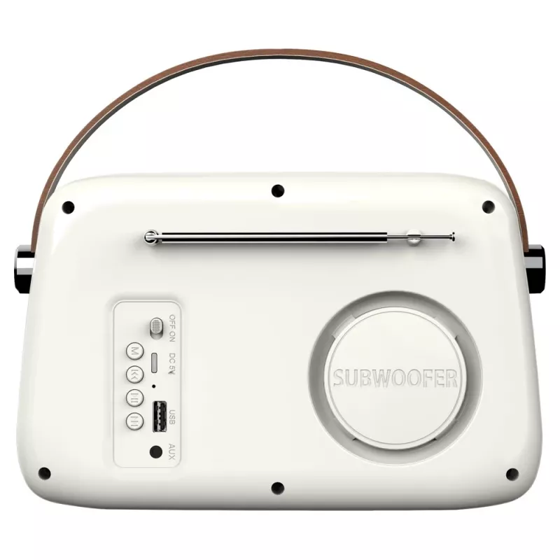 Rádio portátil SAVIO RS-02 — sintonizador FM analógico, Bluetooth 5.3, alimentação USB, 3 W, branco