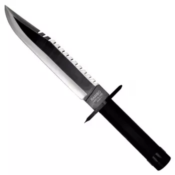 Faca de sobrevivência de lâmina fixa clássico de cinema Rambo I CC-H1 – 360 mm total, lâmina de aço serrada 225 mm, bainha de couro preta