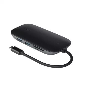 Dock para portátil AUKEY CB-C71 — 3x USB‑C (USB 3.2 Gen1), HDMI, RJ‑45, MicroSD, USB PD 100 W, cabo de 0,15 m, preto