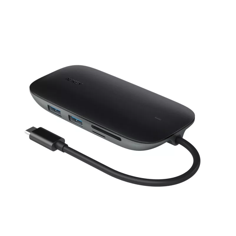 AUKEY CB-C71 hub USB-C 8 em 1, 3x USB-A 3.0, HDMI 4K@30Hz, Gigabit RJ45, SD/microSD, USB-C PD 100 W, cabo de 0,15 m, alumínio, preto