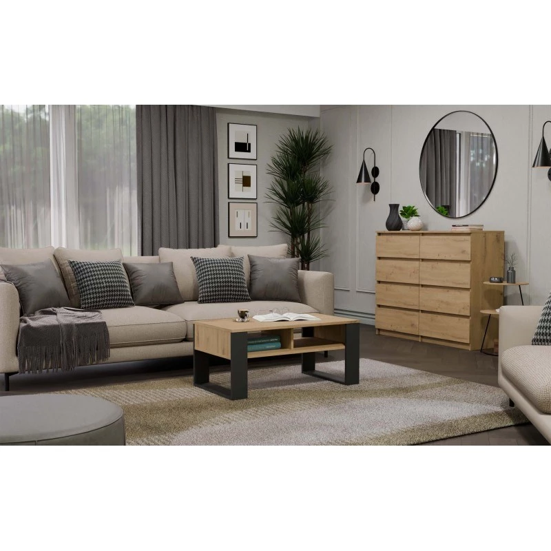Mesa de centro top e shop Modern 90×58×50 cm, estrutura antracite, prateleiras em carvalho Artisan mate