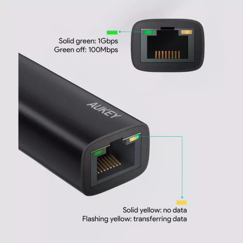 Adaptador Ethernet Aukey CB-A30 USB‑C para Gigabit RJ45 10/100/1000 Mbps, USB 3.0, alumínio, indicadores LED