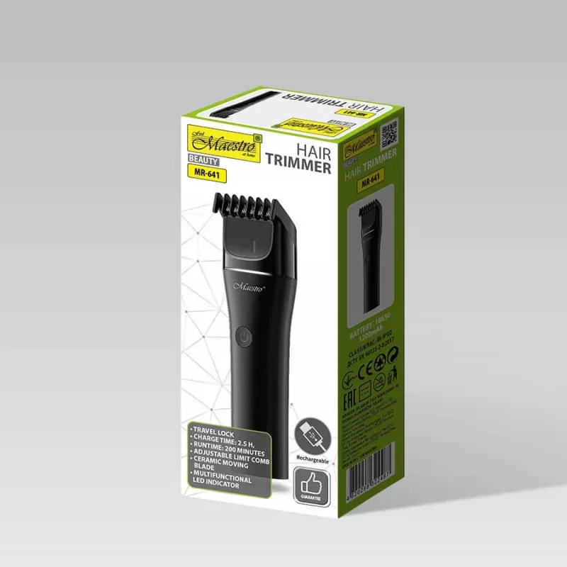 Aparador de cabelo sem fios Maestro MR-641, lâmina cerâmica, recarregável por USB, 1200 mAh, 45×155×30 mm