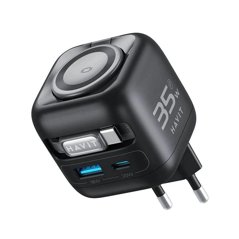 Havit UC250 A-EU carregador de viagem GaN com cabo extensível, preto