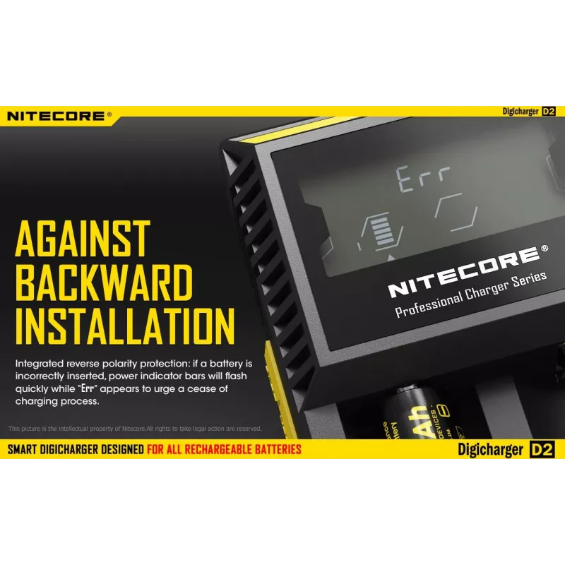 Carregador de pilhas Nitecore D2 — carregador de 2 compartimentos para pilhas AA/AAA/AAAA/C, tensão de entrada 100–240V, tensão de saída 4,2V, preto