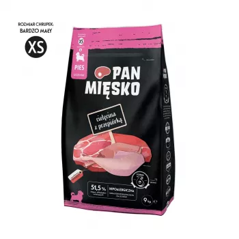 Ração seca para cachorros Pan Miesko Vitela com Codorniz XS 9 kg — Junior Small Breed, 30% proteína, 20% gordura