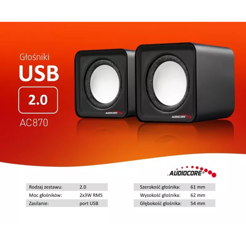Altifalantes para PC 2 vias Audiocore AC870 B — 3 W RMS, alimentação USB com fios, entrada de 3,5 mm, 2.0 canais