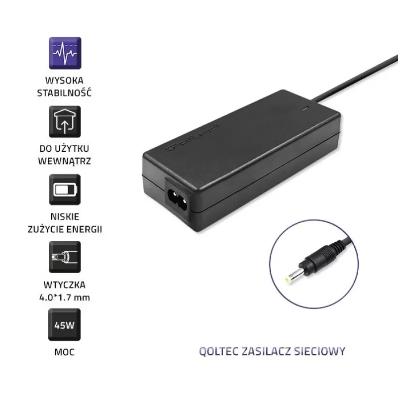 Fonte de alimentação Qoltec 51509 45W para Lenovo | 45W | 20V | 2,25A | 4,0*1,7 | +cabo de alimentação