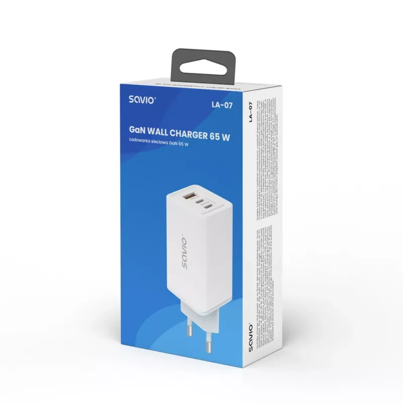 Fonte de alimentação SAVIO LA-07 GaN 65W, USB, QC4.0+, PD 3.0, branca