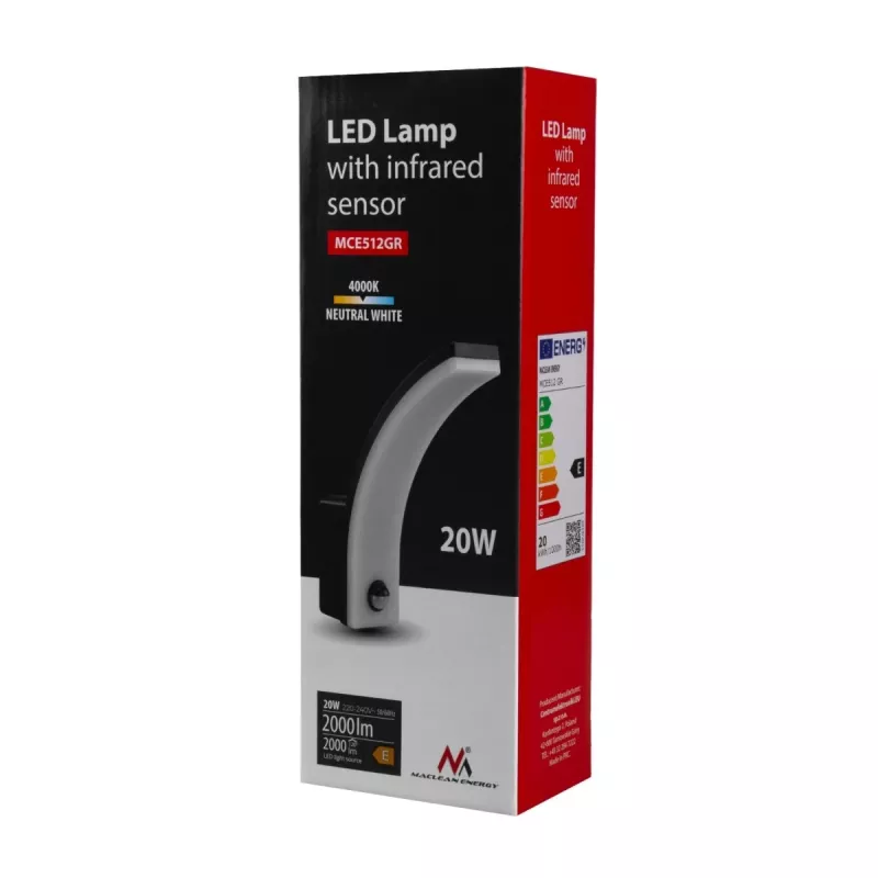 Aplique de parede LED MACLEAN MCE512 GR com sensor de movimento, lâmpada LED energeticamente eficiente