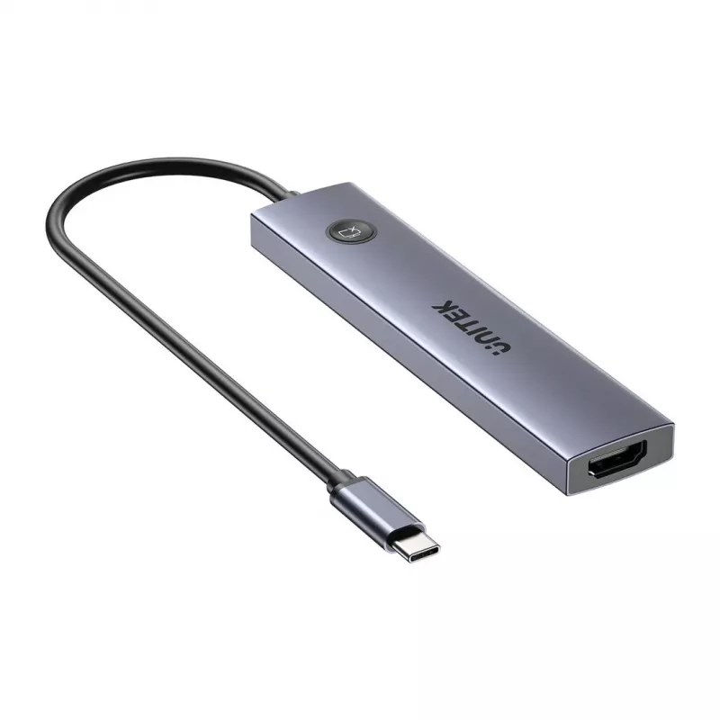 Hub USB-C Unitek H1124AGY01 com 100W PD, HDMI 2.0, 2x USB‑A, 2x USB‑C, leitor de cartões SD/microSD — alumínio