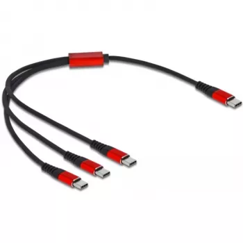 Cabo de carregamento USB DeLOCK 3-em-1 USB Type-C para 3 x USB Type-C 30 cm preto/vermelho
