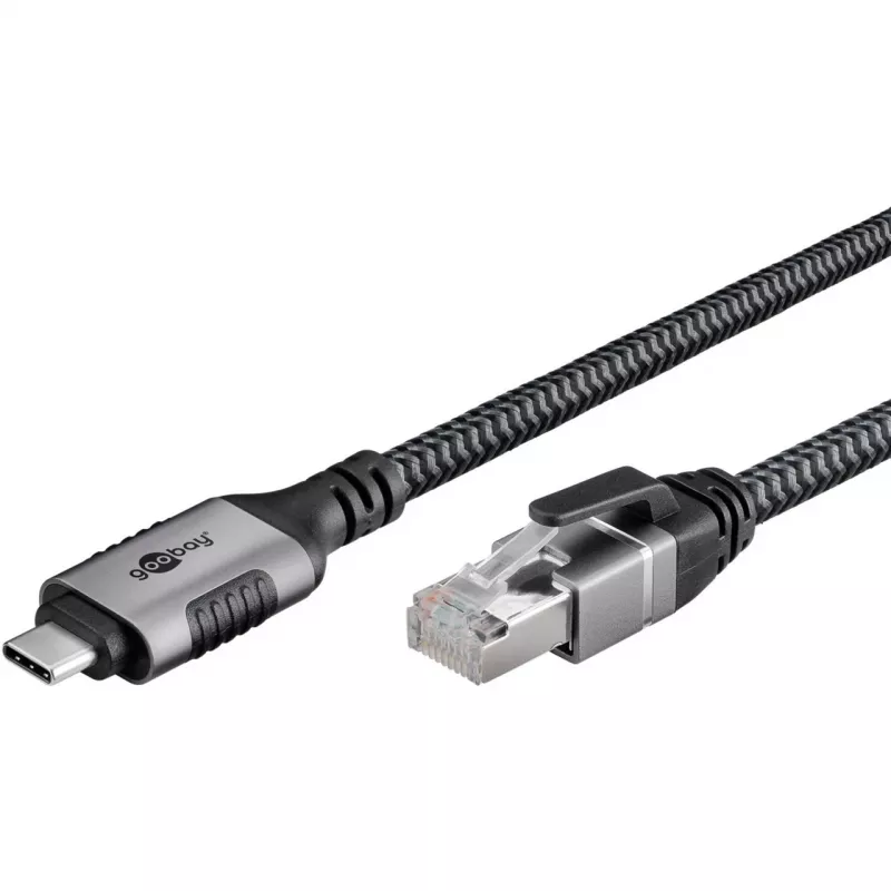 Cabo Ethernet USB-C 3.2 Gen2 macho > RJ-45 macho, adaptador LAN preto/prateado, 2 metros, revestimento têxtil entrançado