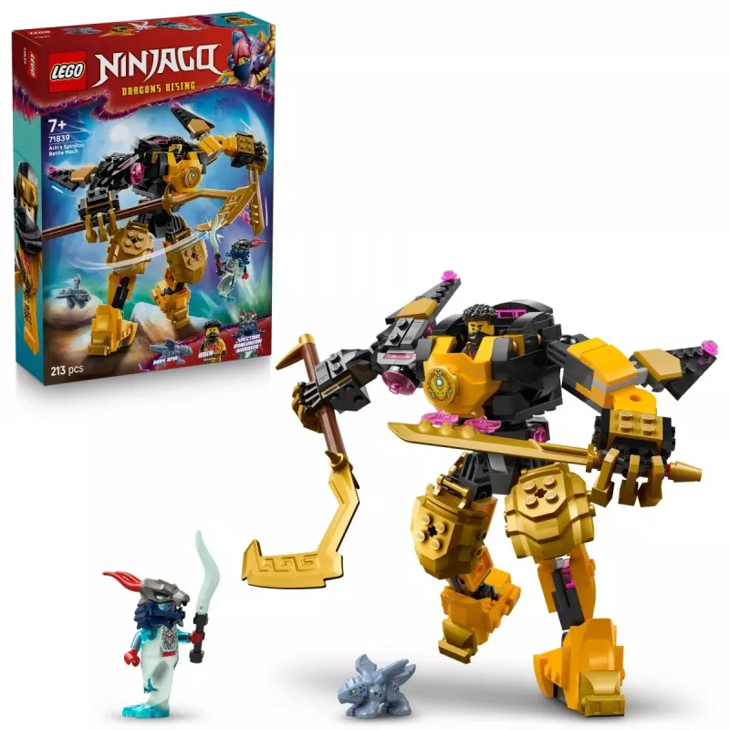 Conjunto de construção LEGO NINJAGO 71839 Arins Spinjitzu Mech de combate, 213 peças, 2 minifiguras, altura 160 mm