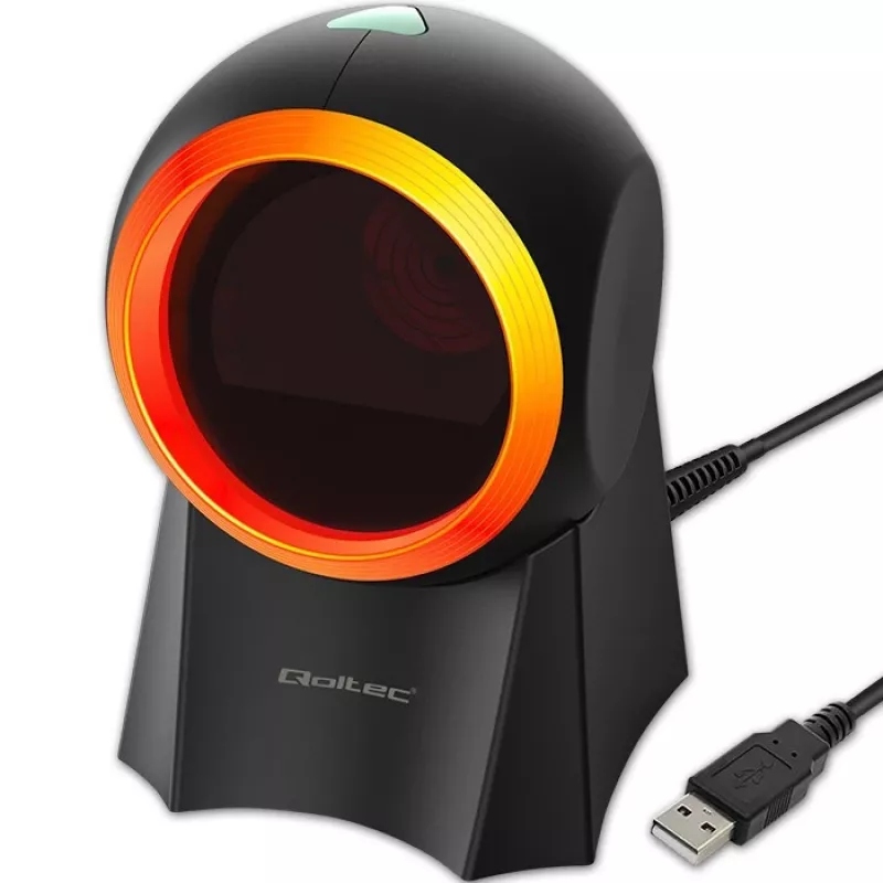 Qoltec 50857 leitor de códigos de barras de secretária com fio, 1D/2D, QR, USB, cabo de 1,75 m