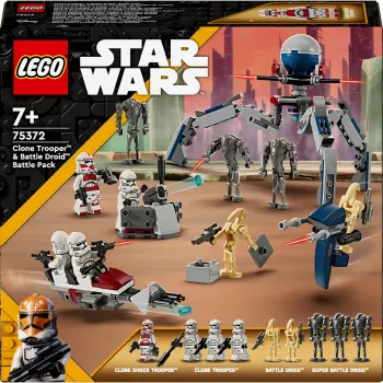 LEGO Star Wars Clone Trooper e Battle Droid Battle Pack Brinquedo de construção para crianças com veículo Speeder Bike, 4 minifiguras e 5 figuras, presente para rapazes