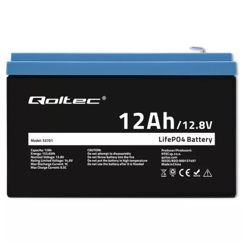 Bateria Qoltec LiFePO4 Fosfato de ferro-lítio 12,8 V 12 Ah 153,6 Wh com BMS