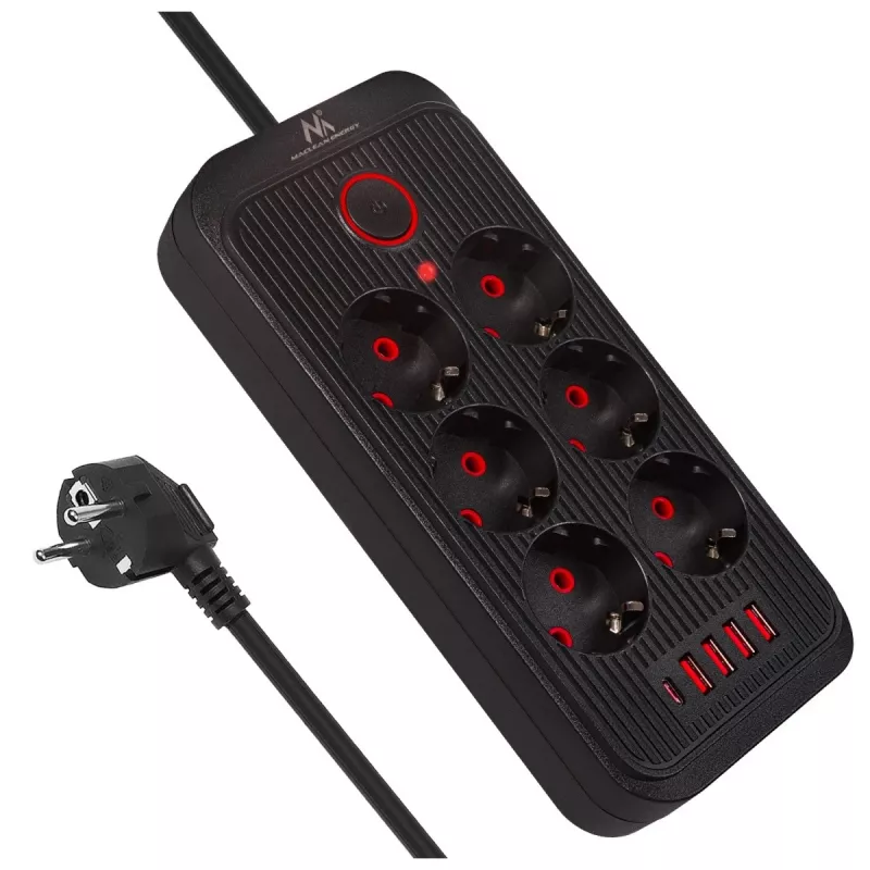 Extensão elétrica MACLEAN MCE389 B — 6 tomadas, 4×USB-A + 1×USB-C, 110–240V, 2,1A, 2500W, cabo de 1,5 m, preto