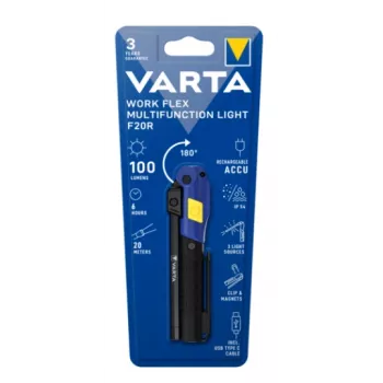 Luminária de trabalho manual Varta Work Flex preto LED, 100 lm, bateria incorporada, 6 h, alumínio/nylon/PC/borracha, 120 mm