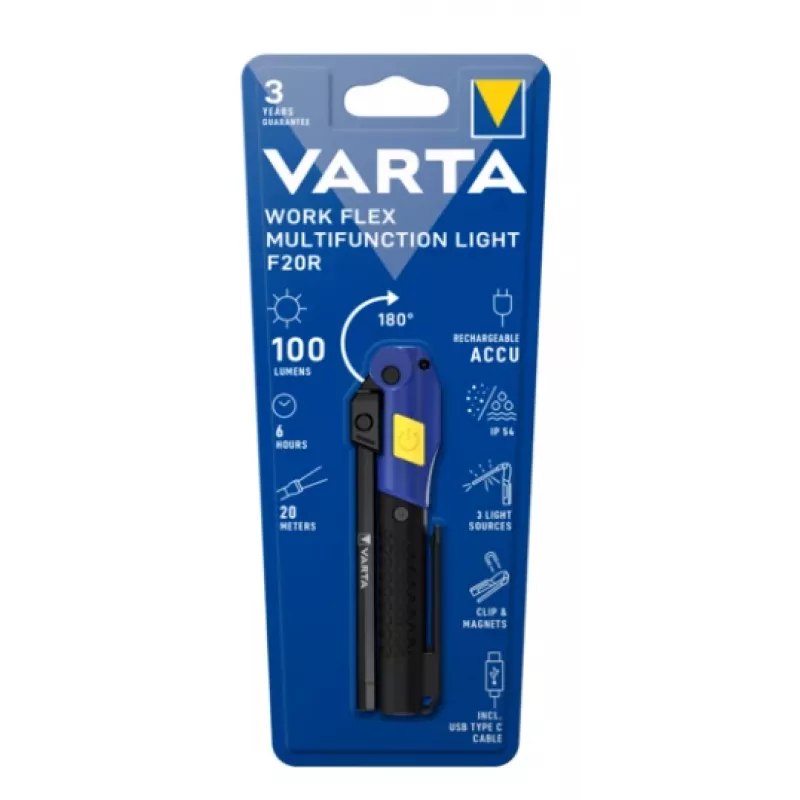 Luminária de trabalho manual Varta Work Flex preto LED, 100 lm, bateria incorporada, 6 h, alumínio/nylon/PC/borracha, 120 mm