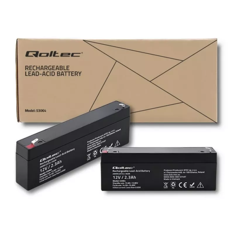 Bateria AGM selada QOLTEC 12V 2,3Ah para sistemas UPS e de backup, descarga máx. 34,5A
