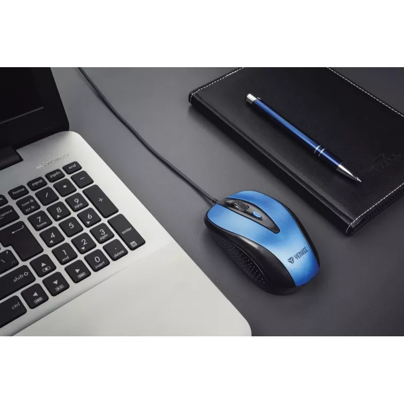 Rato com fio USB, 4 botões, ótico, simétrico, azul