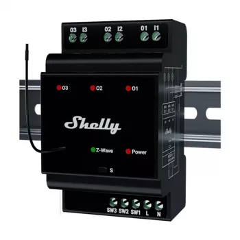 Relé inteligente para calha DIN Shelly WavePro3 3 canais Z-Wave, 110–240 V, 25 A por canal, AES-128, montagem DIN