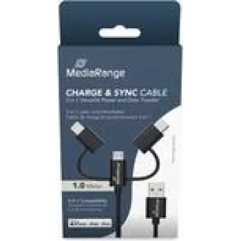 Cabo USB MediaRange MRCS246 — 1 m, USB A para USB-C / Micro USB-A / Lightning, USB 2.0, preto
