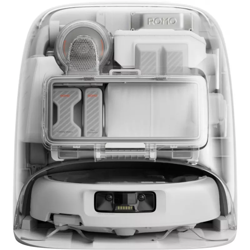 Robô aspirador com função de lavagem DJI ROMO P (versão com depósito de água) — cinzento/branco, 0,26 l de pó, 4 l de água limpa / 3,2 l de água suja, bateria de 5000 mAh
