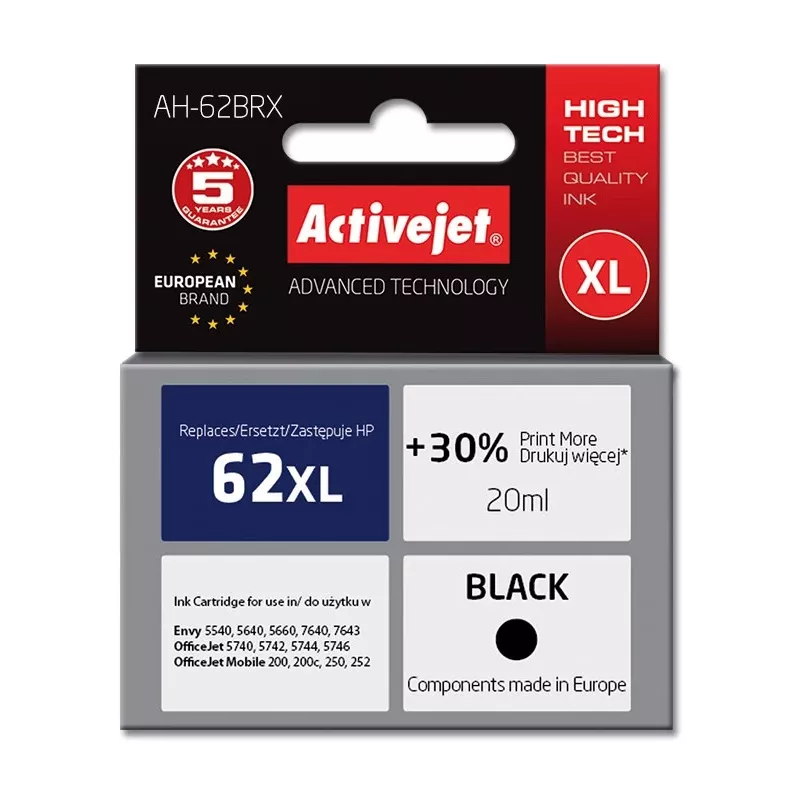 Tinteiro Activejet AH-62BRX (substituto para HP 62XL C2P05AE; Premium; 20 ml; preto)
