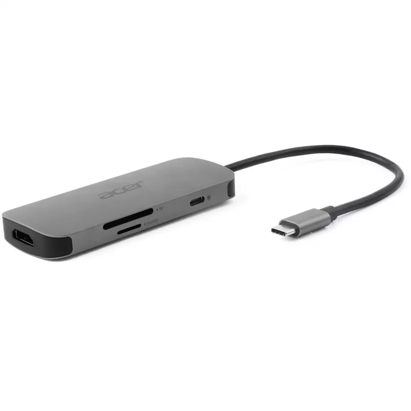 Dongle USB-C 7 em 1 Acer — USB 3.2 Gen 1 Type-C, 3x USB-A, HDMI, SD/MicroSD, 100W PD, prateado