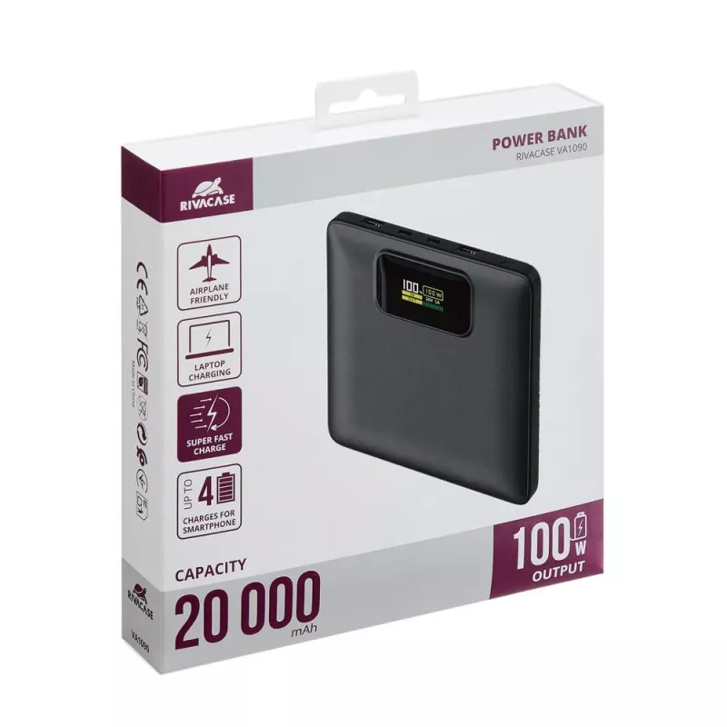 Powerbank Rivacase VA1090 — 20000 mAh, 77 Wh, saída total 100 W, 440 g