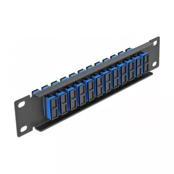 Patch panel de fibra ótica DeLOCK 10 polegadas 12 portas SC duplex azul 1U preto