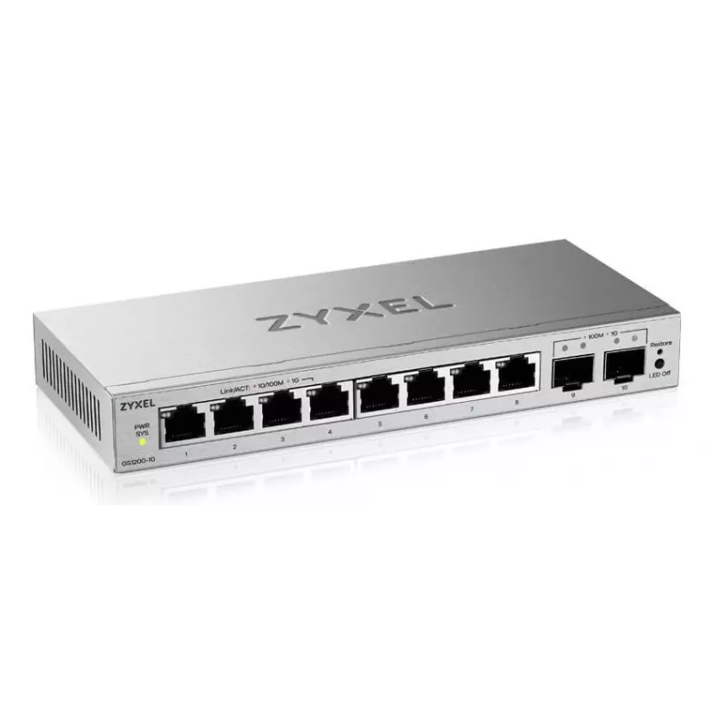 Switch gerido L2 Gigabit Zyxel GS1200-10v3 — 8x Gigabit (10/100/1000), 20 Gbps, MAC 4000, secretária, cinzento