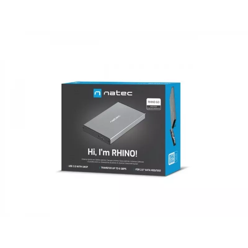 Caixa externa para HDD/SSD NATEC Rhino GO — 2,5 polegadas SATA, 9,5 mm, USB 3.0, alumínio, cinzento, até 4 TB