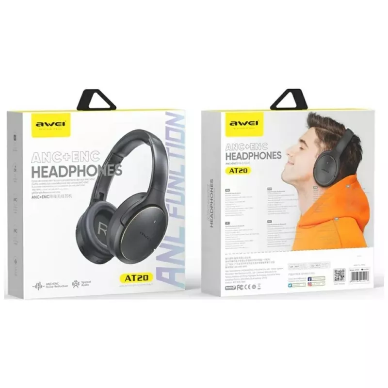 Auscultadores Awei Bluetooth AT20 ANC ENC 6.0 — sem fios, over-ear com ANC e ENC, Bluetooth 6.0