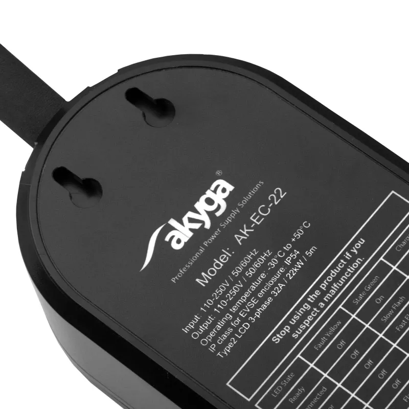 Carregador EV móvel Akyga AK-EC-22, Type 2, ficha CEE 5 pinos, trifásico, 32 A, 22 kW, LCD, 5 m
