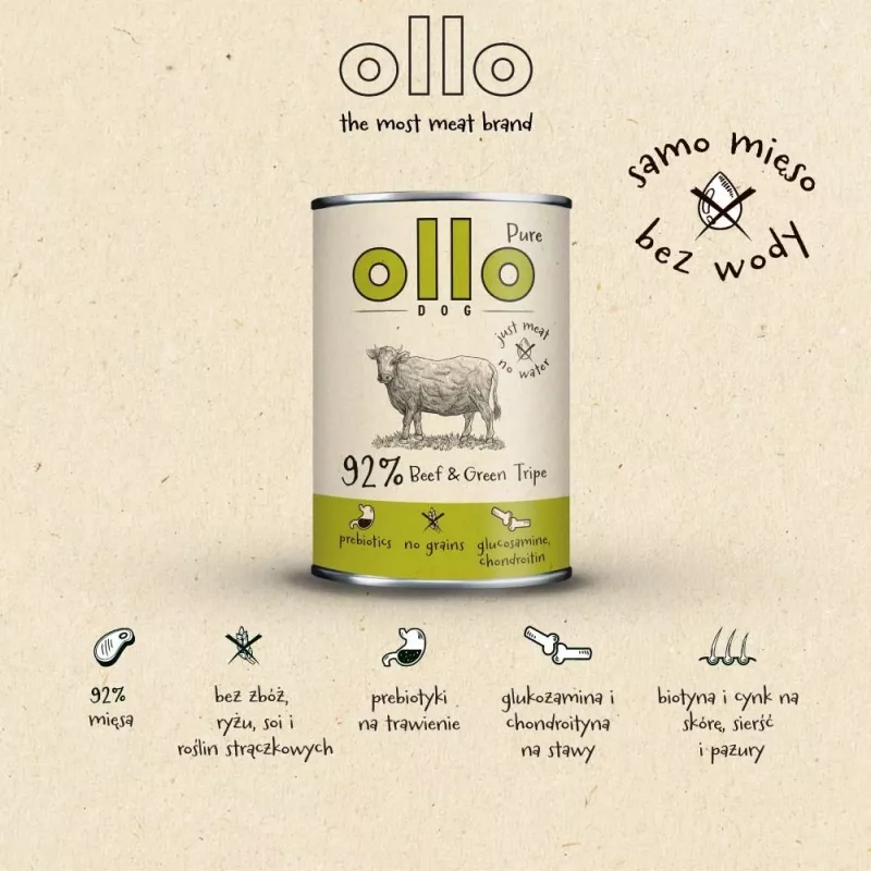 OLLO Pure Beef and Green Tripe comida húmida para cães, 400 g