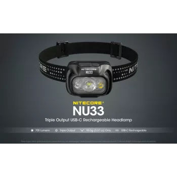 Lanterna frontal Nitecore NU33, preta, 3 LEDs, 700 lm, alumínio, recarregável por USB, IP66