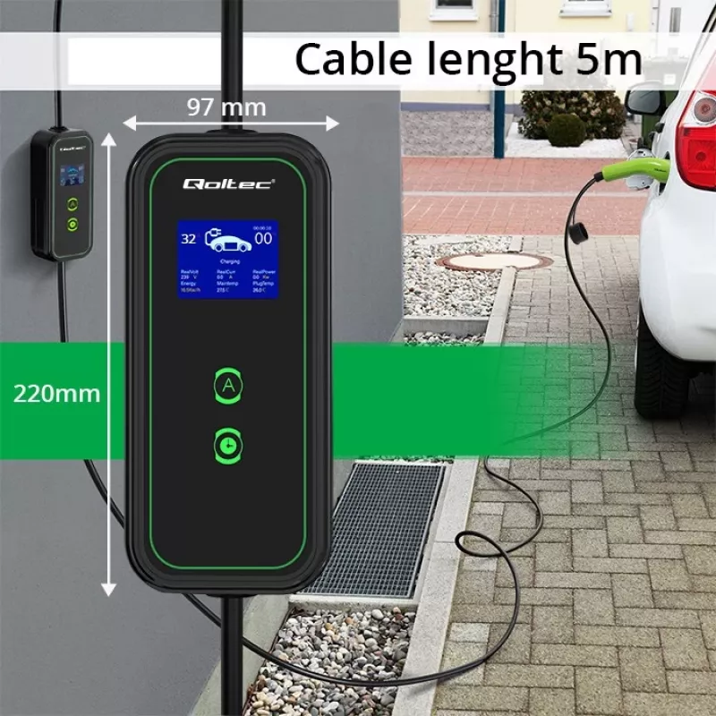Carregador móvel para carro elétrico Qoltec ajustável 2em1 Type2 | 7kW | 230V | CEE 3 PIN | Wi-Fi | LCD | portátil | wallbox | 5m