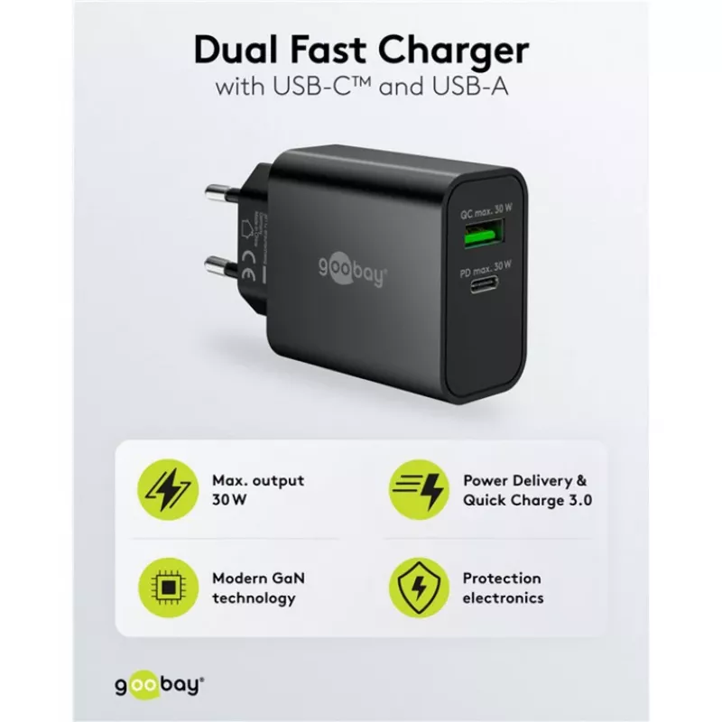 Carregador rápido duplo Goobay USB-C PD GaN 30 W preto (75335)