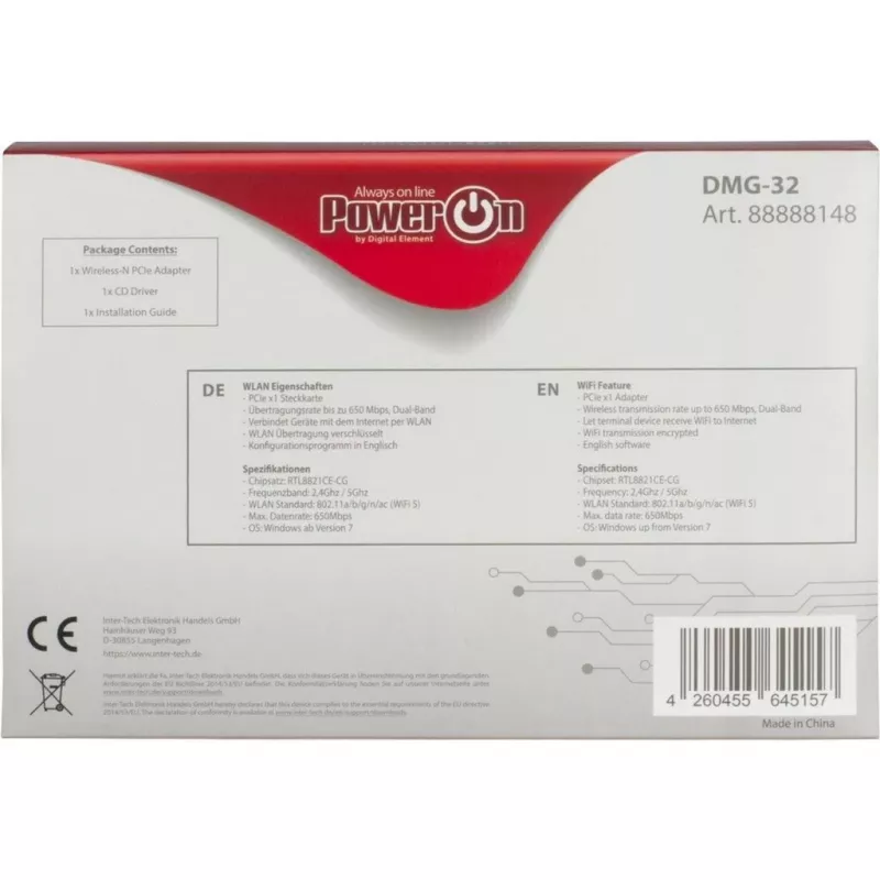 Inter-Tech DMG-32 - Interno - Sem fios - PCI Express - Wi-Fi - 650 Mbit/s - preto - prateado (88888148)