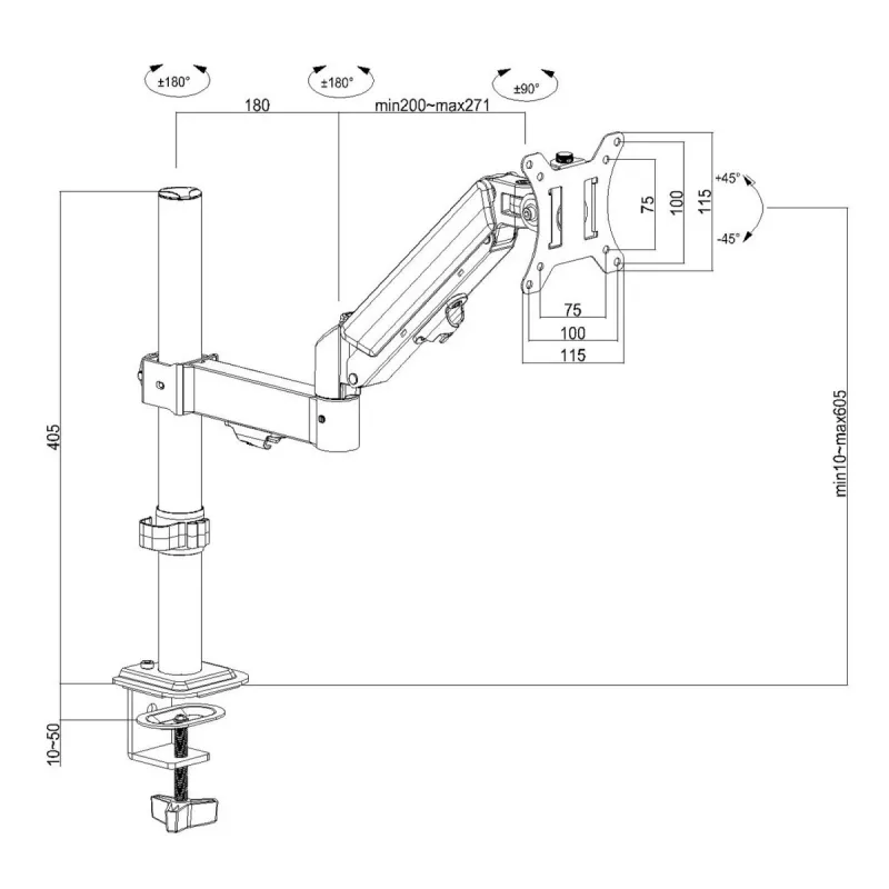 Suporte para monitor MACLEAN MC-135 com mola a gás para ecrãs de 17 a 32 polegadas, carga 2–10 kg, preto
