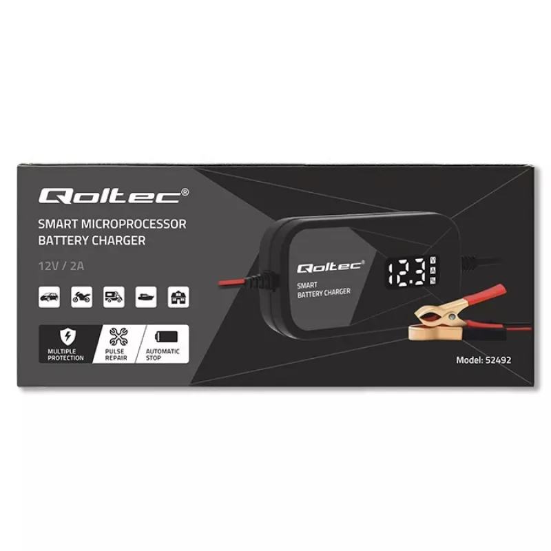 Carregador de baterias QOLTEC 52492 12V 2A com controlo por microprocessador e regeneração de células