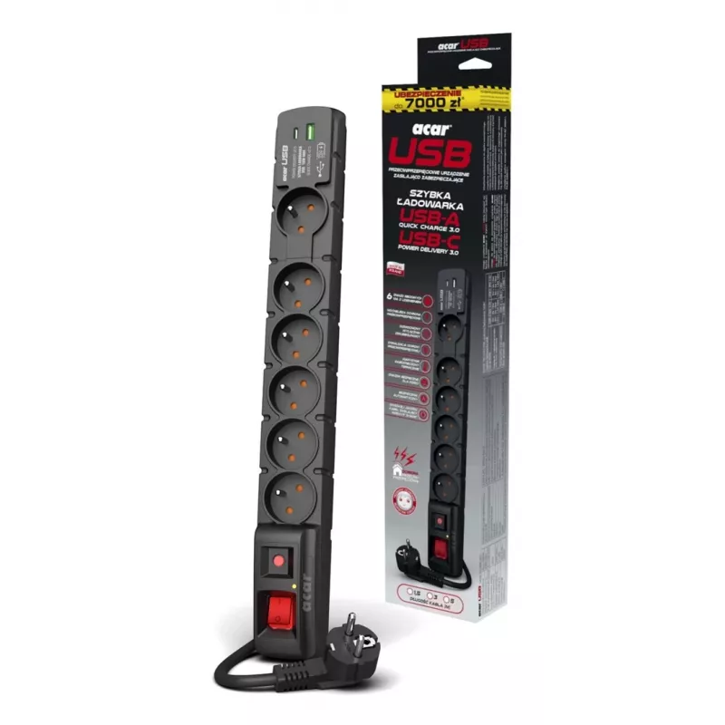 Proteção contra sobretensões ACAR W2436 preto 6 tomadas AC 230V 1,5m (embalagem danificada)