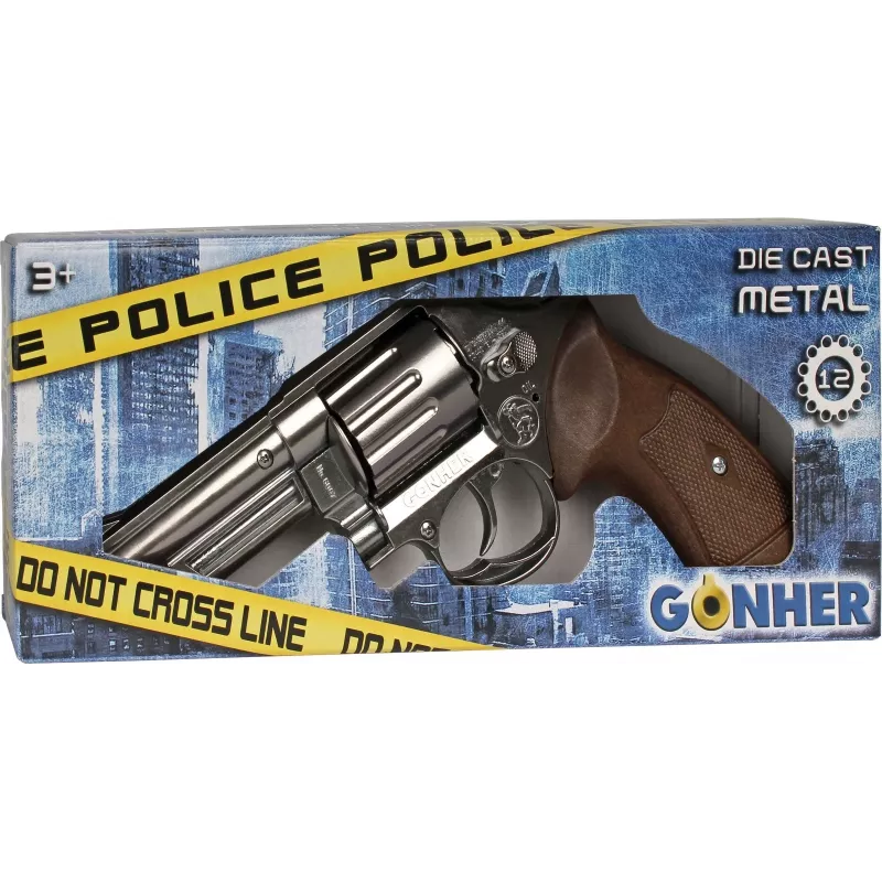 Revólver de polícia em metal de brinquedo Pulio 1556067/0 – tambores de 8 tiros