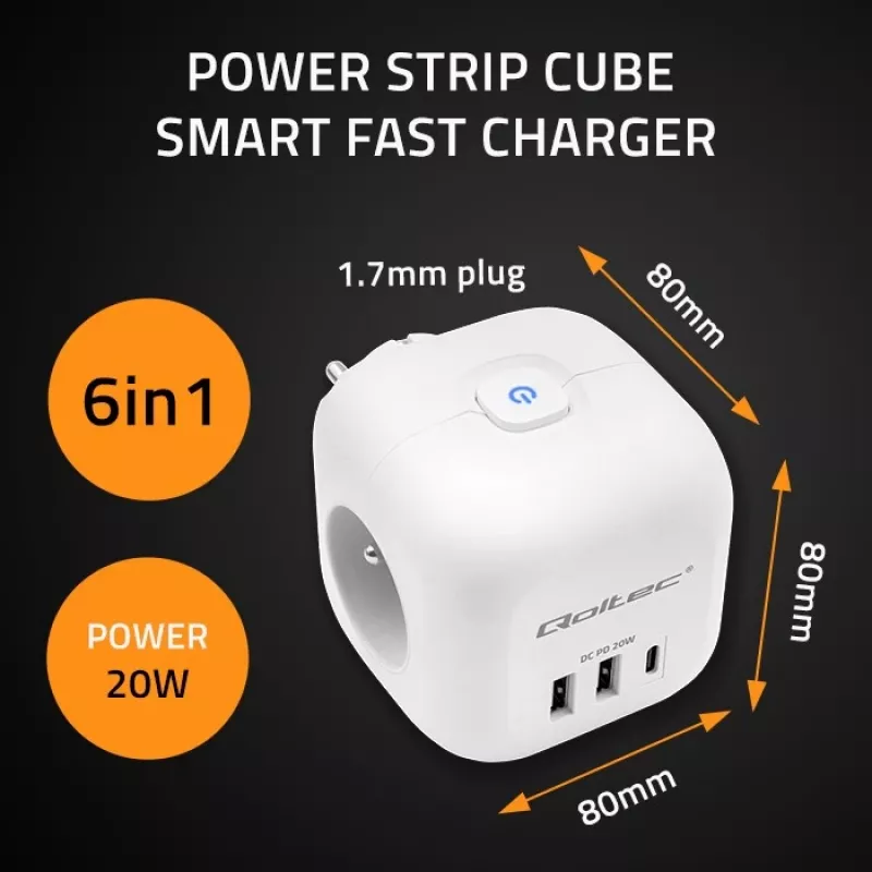 Régua de tomadas QOLTEC 52548 com 3 tomadas AC e porta USB
