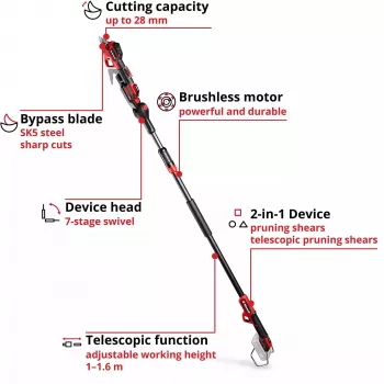 Tesoura de poda EINHELL GP-LS 18/28 Li T BL-Solo — tesoura de poda telescópica de bypass sem fio, 18 V, capacidade de corte 2,8 cm, punho de alumínio